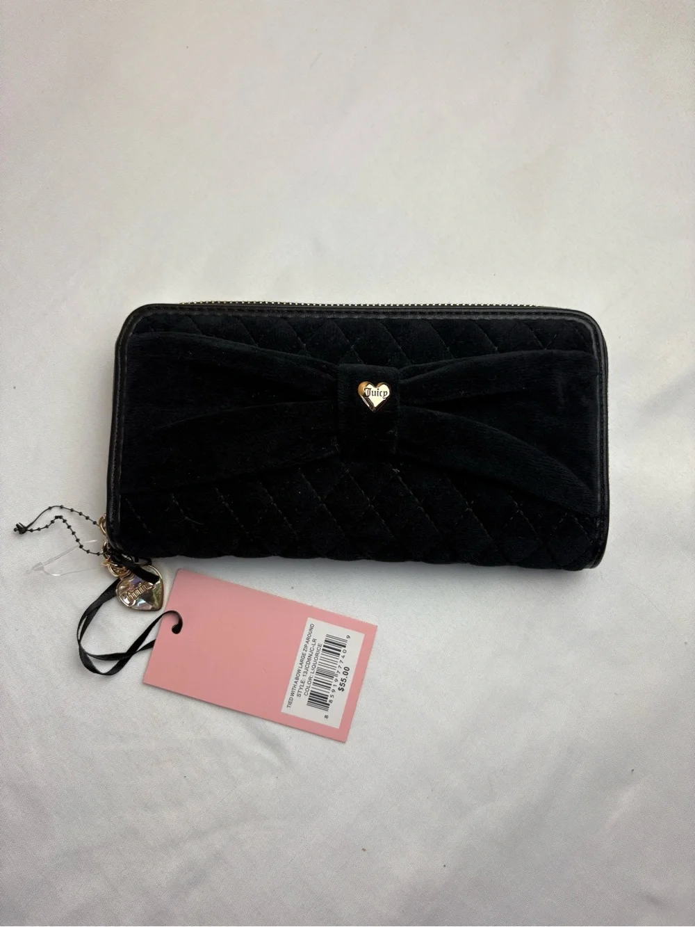 Juicy Couture Black Quilted Velvet Bow Zip Wallet with Heart Charm